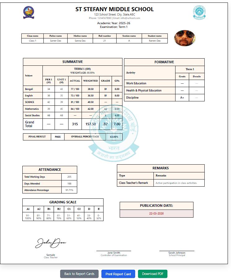 Report Card Sample